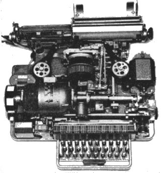 Creed Model 7 showing 4-bank Commercial Typewriter Keyboard (left) and normal 3-bank keyboard (right)