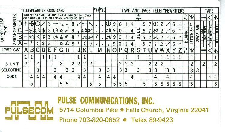 Pulse Communications code card — side A
